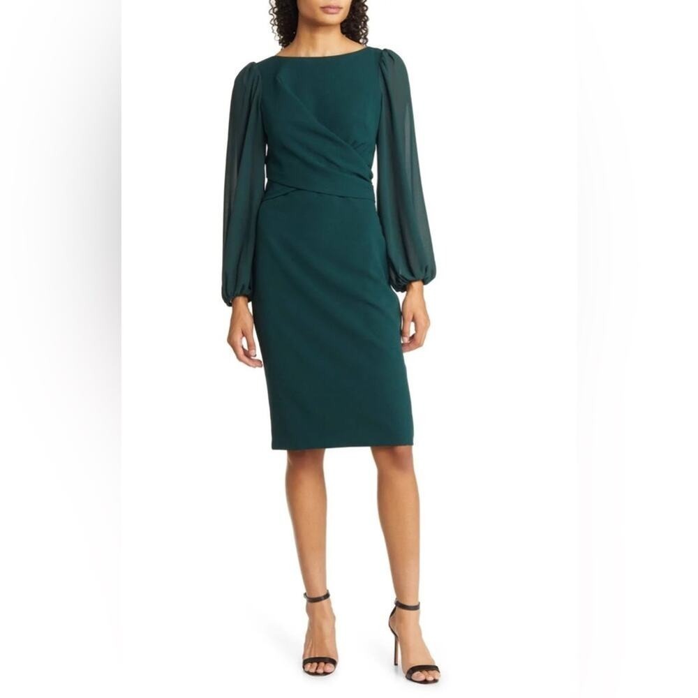 Vince Camuto Chiffon Balloon Sleeve Cocktail Dress Green Knee Length Size 10